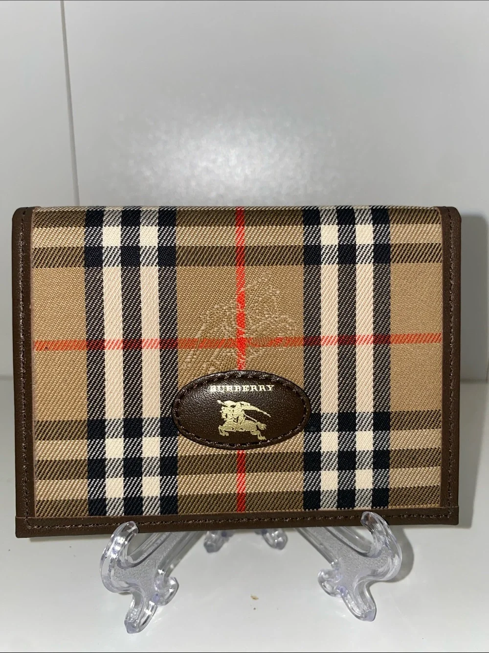 Authentic Burberry Tan Plaid Card Holder Wallet Brown Leather Trim
